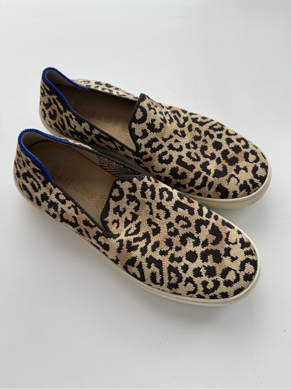 Rothy's Leopard Print Slip-On Loafers - Beige & Black with Blue Trim